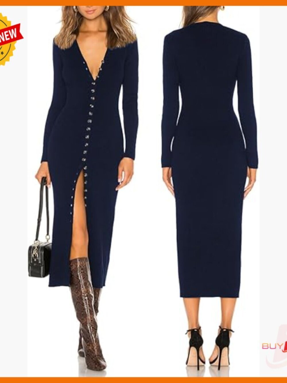 Long Sleeve V-Neck Button Down Maxi Dress Bodycon Knit Cardigan Dress